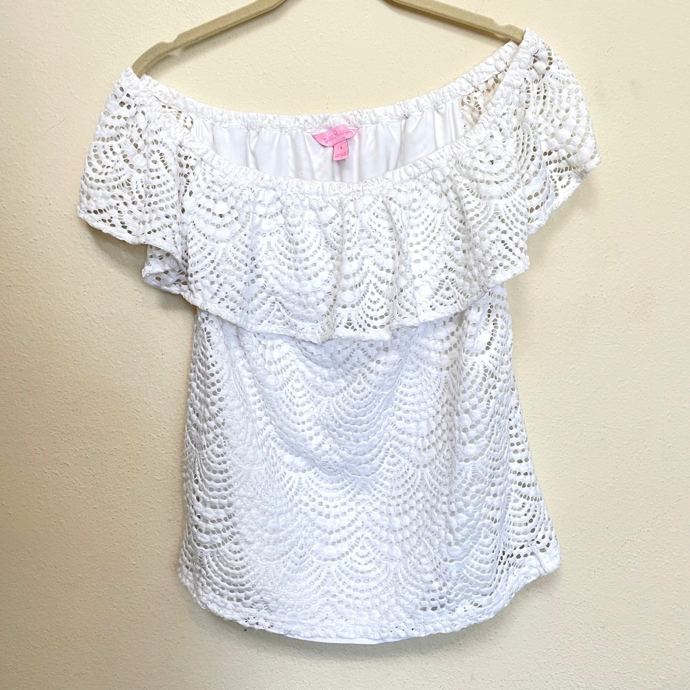 Lilly Pulitzer White Eyelet Lace Ruffle Off Shoulder Top Small cottagecore girly